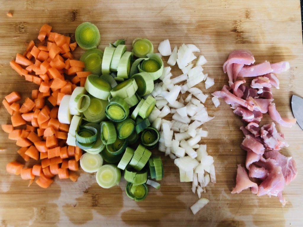 Chopped carrot, leek. onion and bacon